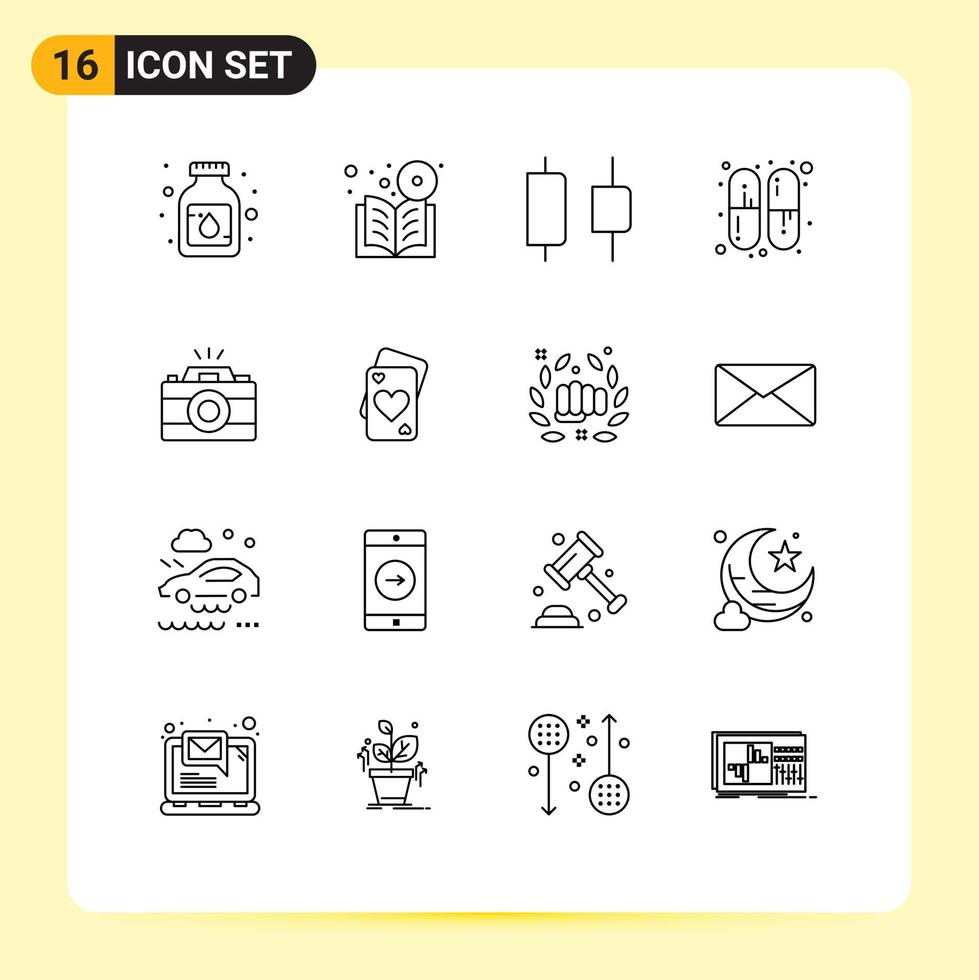 Outline Pack of 16 Universal Symbols of photo camera course pills capsule Editable Vector Design Elements