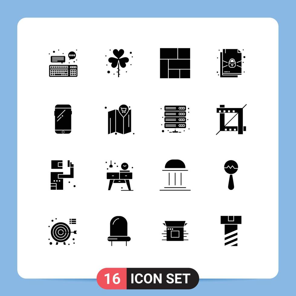Group of 16 Solid Glyphs Signs and Symbols for smart phone protection saint lock section Editable Vector Design Elements