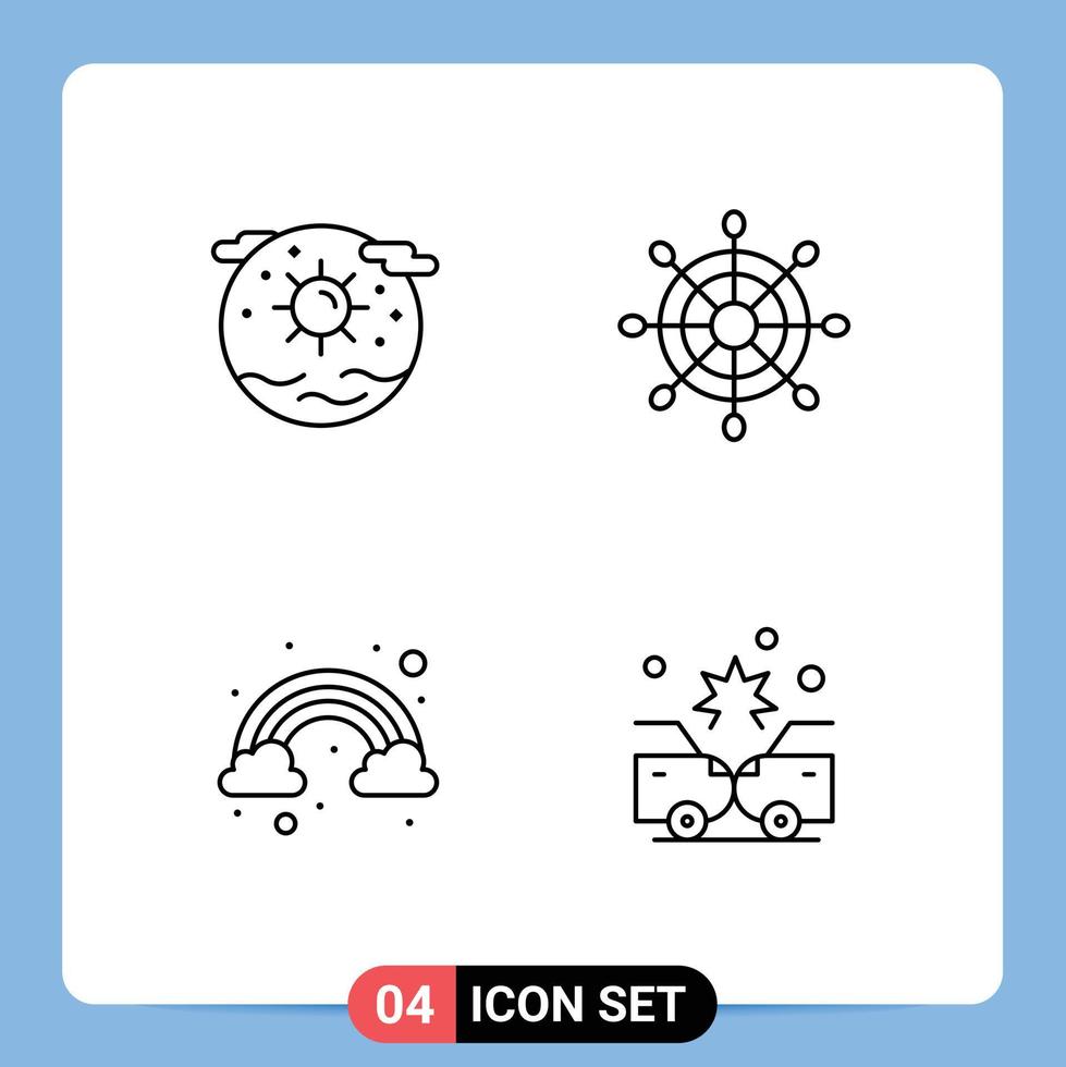 Pack of 4 creative Filledline Flat Colors of earth rainbow planet marine accident Editable Vector Design Elements