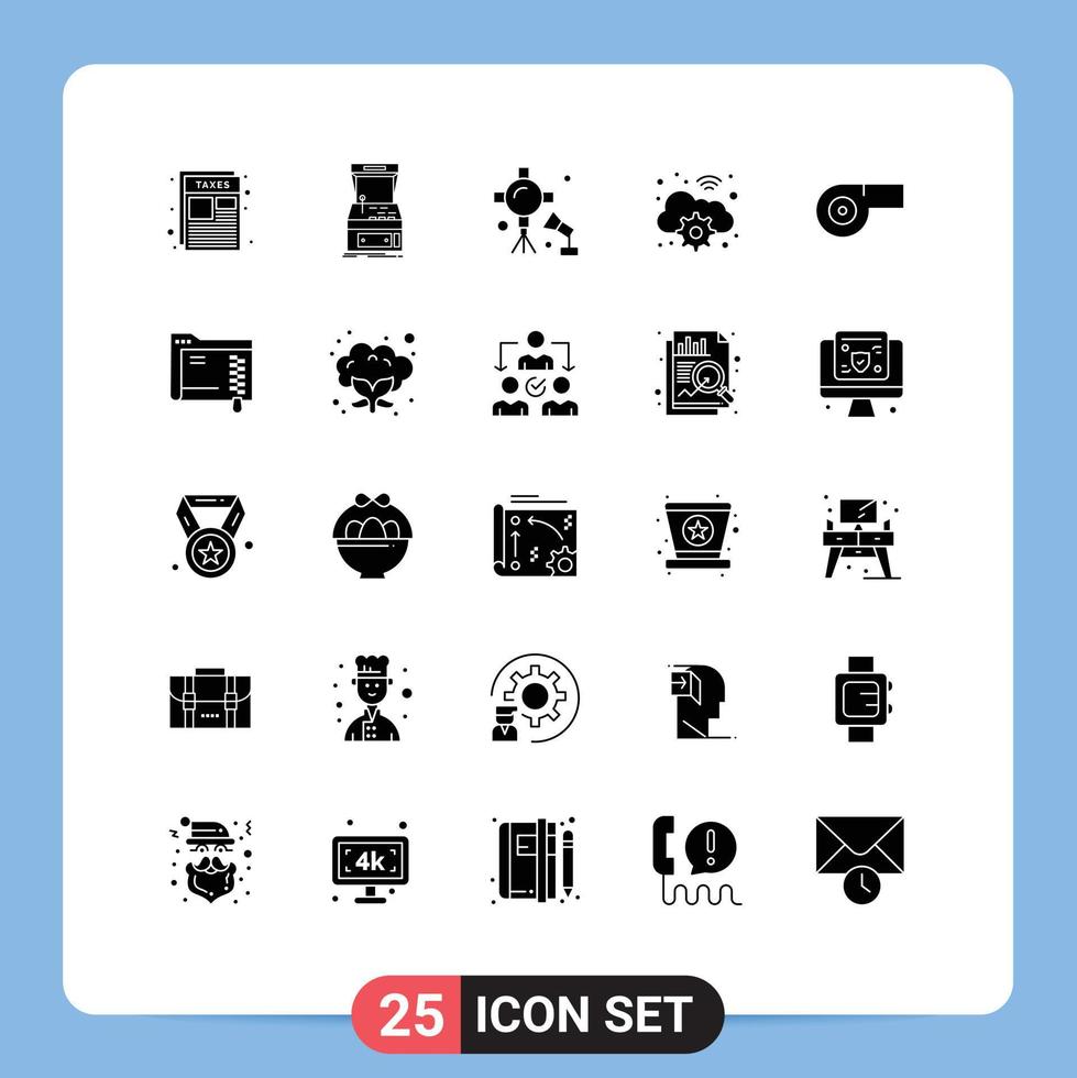 Universal Icon Symbols Group of 25 Modern Solid Glyphs of digital gear play cloud studio lightning Editable Vector Design Elements