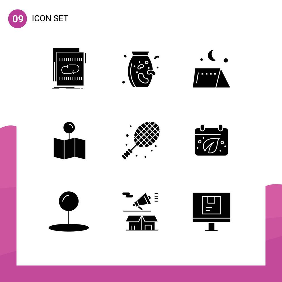 Pack of 9 Modern Solid Glyphs Signs and Symbols for Web Print Media such as rocket pin camping pointer location Editable Vector Design Elements