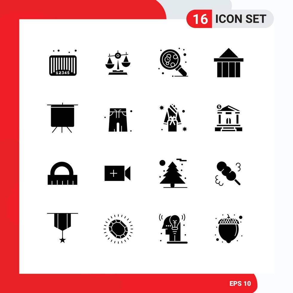 Pack of 16 creative Solid Glyphs of acropolis research justice molecule scales Editable Vector Design Elements