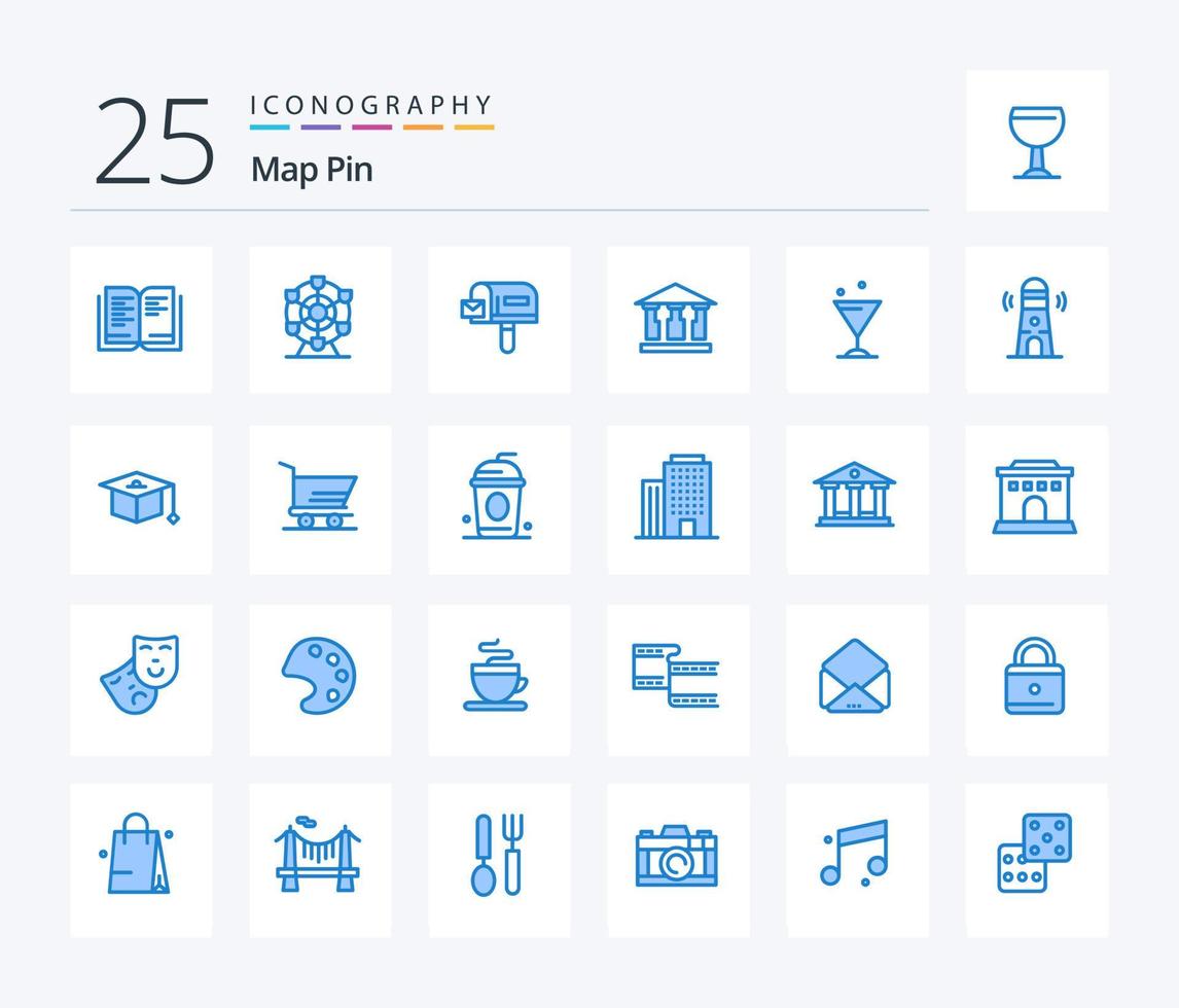 Map Pin 25 Blue Color icon pack including lighthouse. beach. shopping. water. glass vector