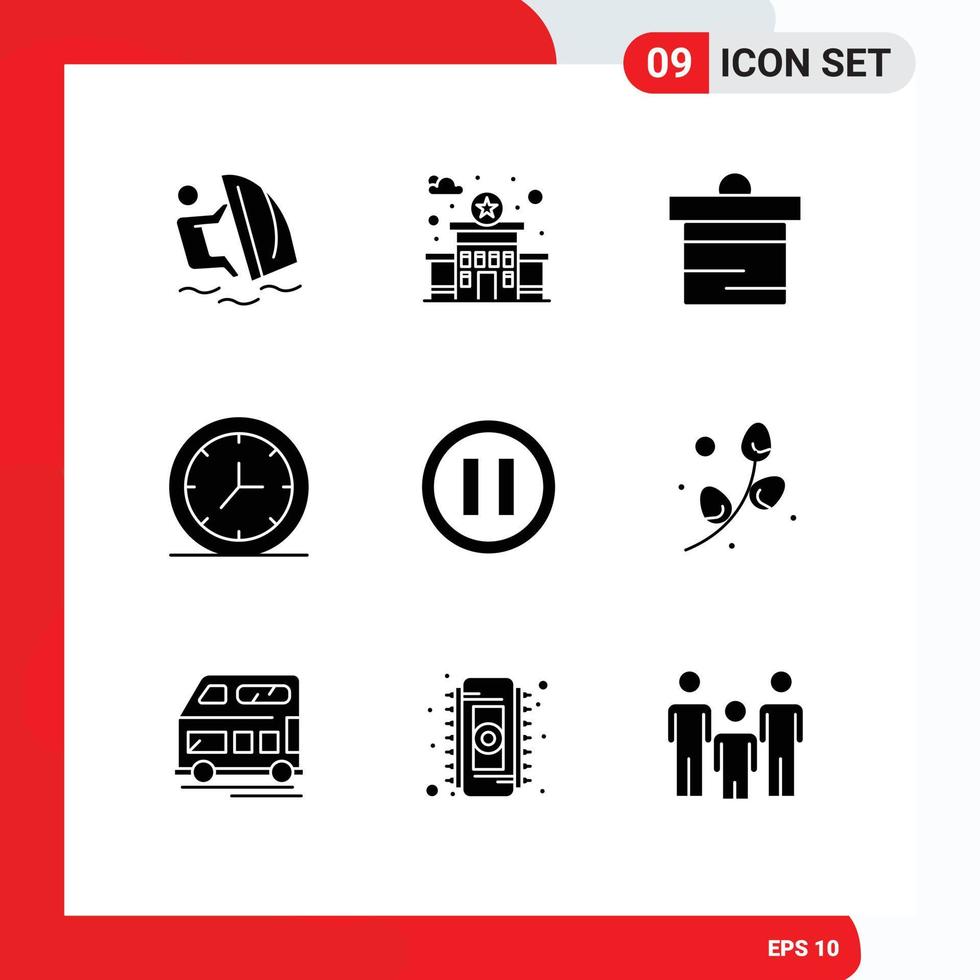 Modern Set of 9 Solid Glyphs and symbols such as pause media deposit wall clock Editable Vector Design Elements