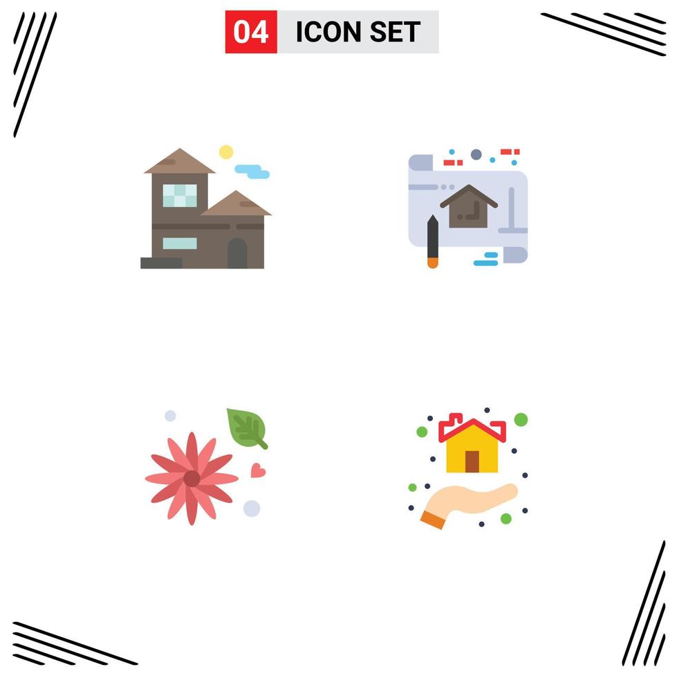 Pack of 4 creative Flat Icons of home flower real estate blue print buttercup flower Editable Vector Design Elements