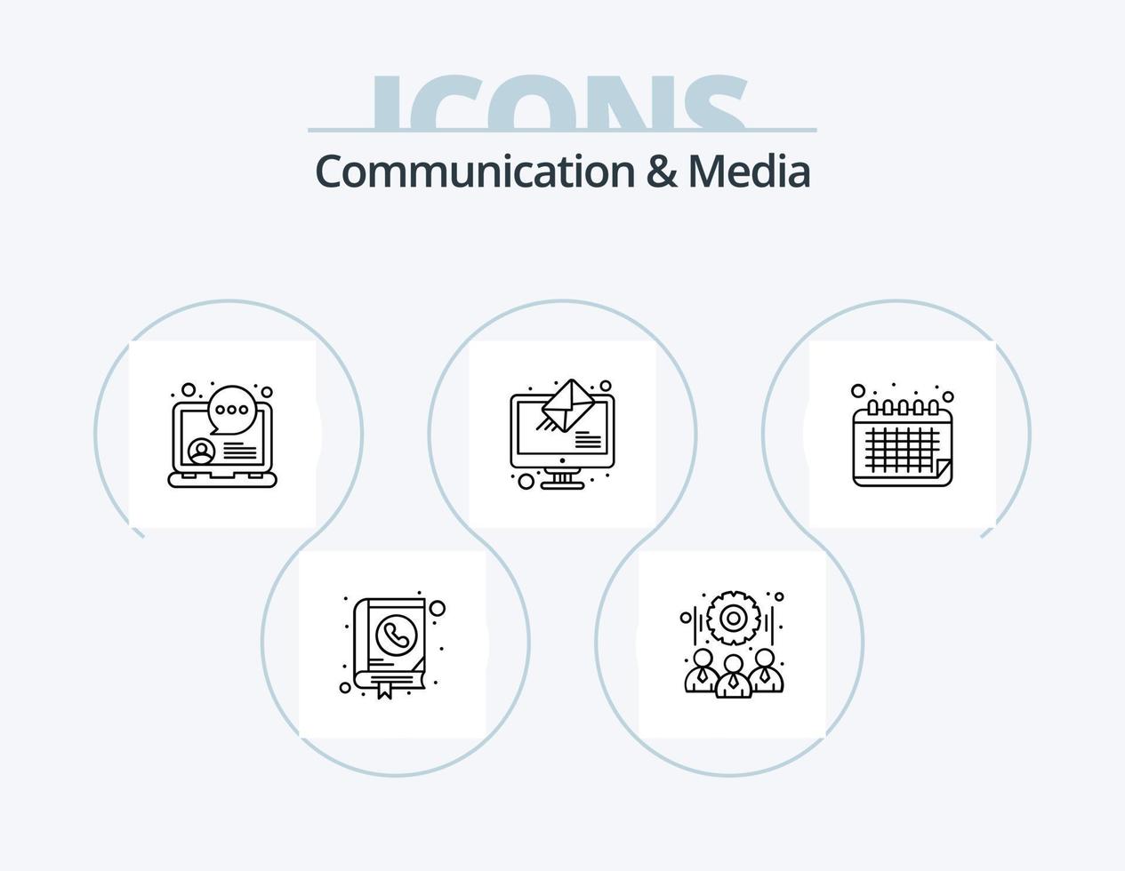 Communication And Media Line Icon Pack 5 Icon Design. team. gear. screen. speech bubble. conversation vector