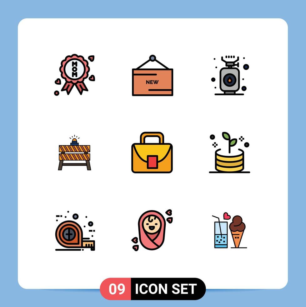 9 Universal Filledline Flat Colors Set for Web and Mobile Applications bag closed camping stop barrier Editable Vector Design Elements