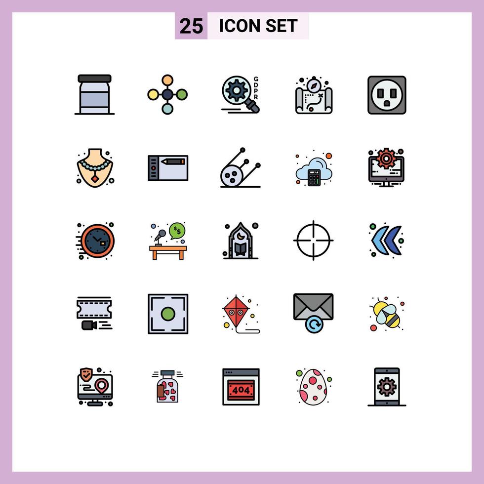 Group of 25 Modern Filled line Flat Colors Set for jewelry diamond search socket camping Editable Vector Design Elements