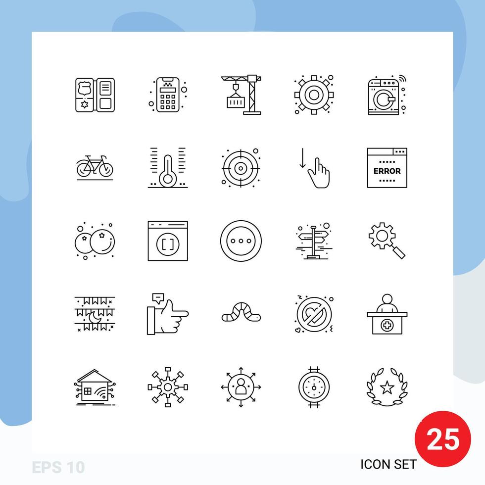 User Interface Pack of 25 Basic Lines of washing machine crane control gear Editable Vector Design Elements