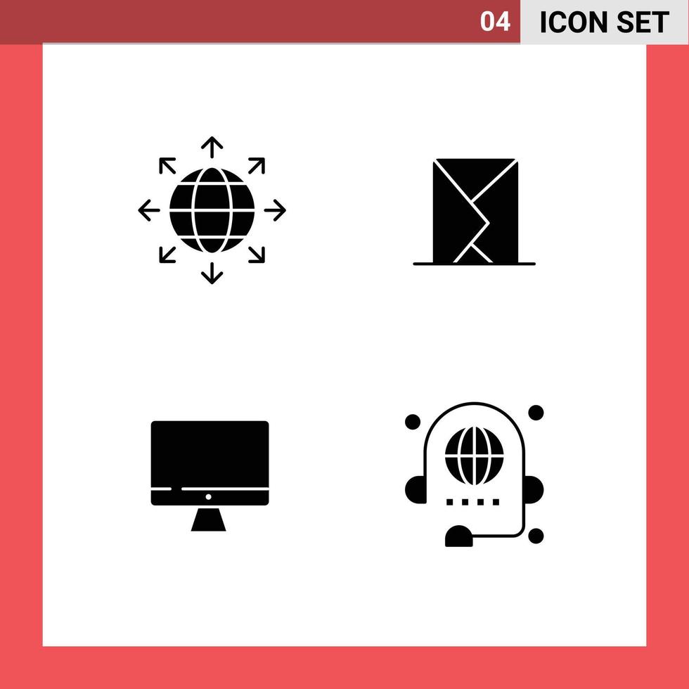 Pack of 4 creative Solid Glyphs of connection computer world mail screen Editable Vector Design Elements