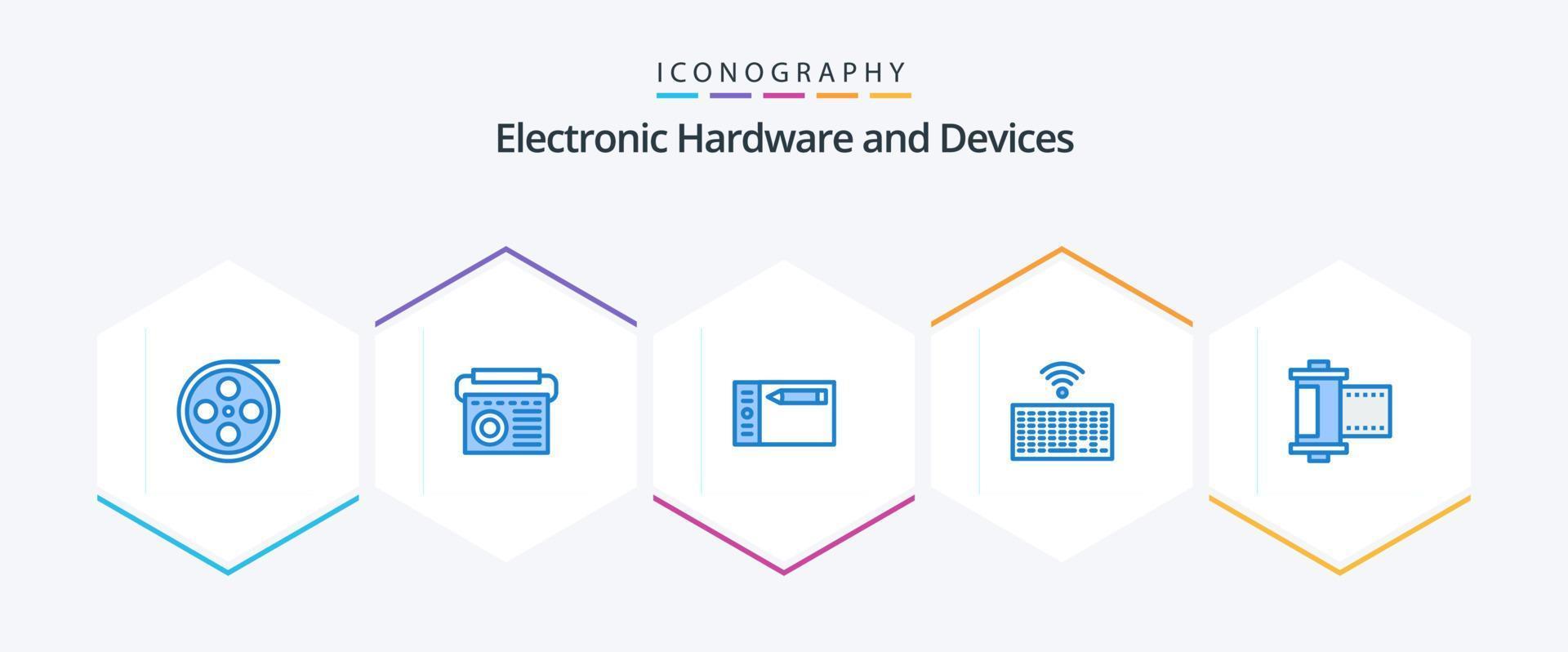 paquete de 25 iconos azules de dispositivos que incluye película. tipo. diseño. llaves. hardware vector