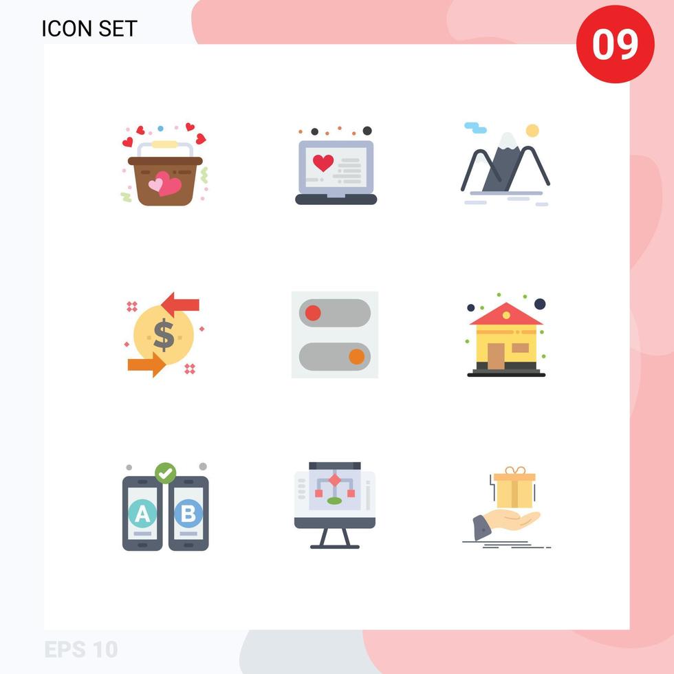 Mobile Interface Flat Color Set of 9 Pictograms of preferences dollar mountains chargeback landscape Editable Vector Design Elements