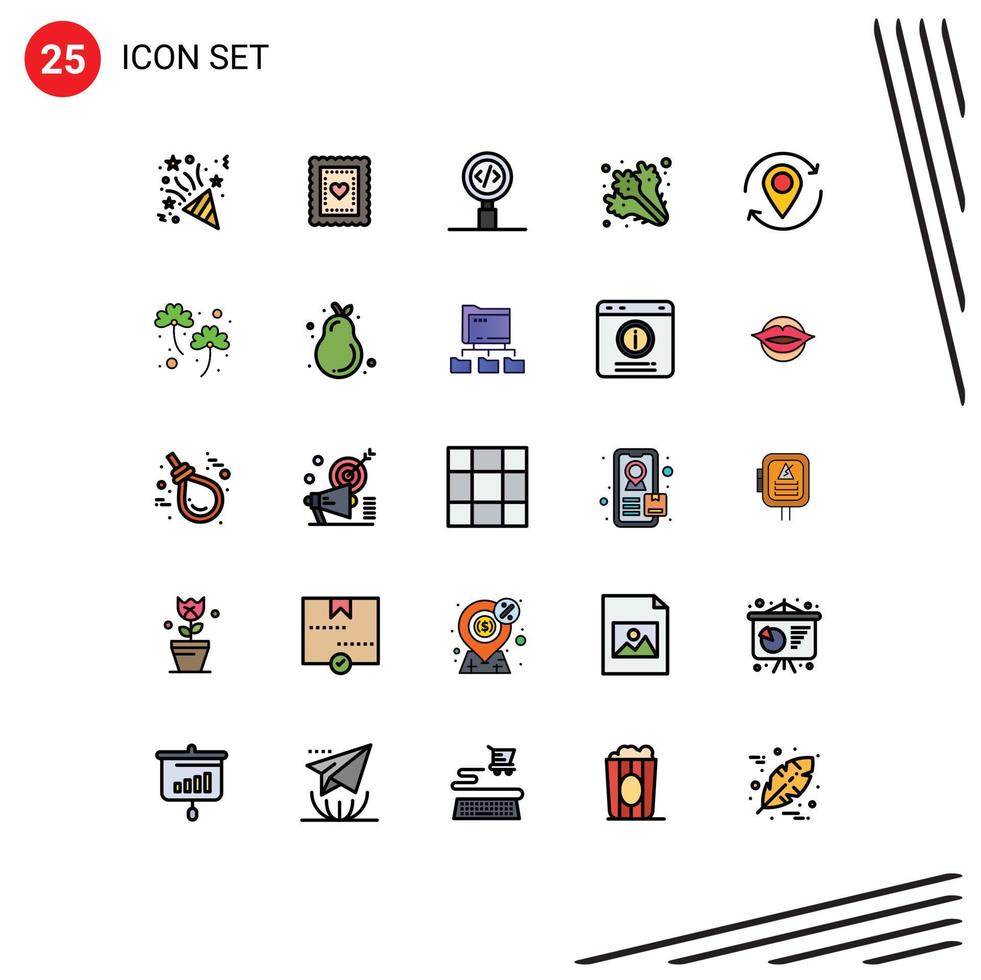 Set of 25 Commercial Filled line Flat Colors pack for location vegetables coding healthy diet Editable Vector Design Elements