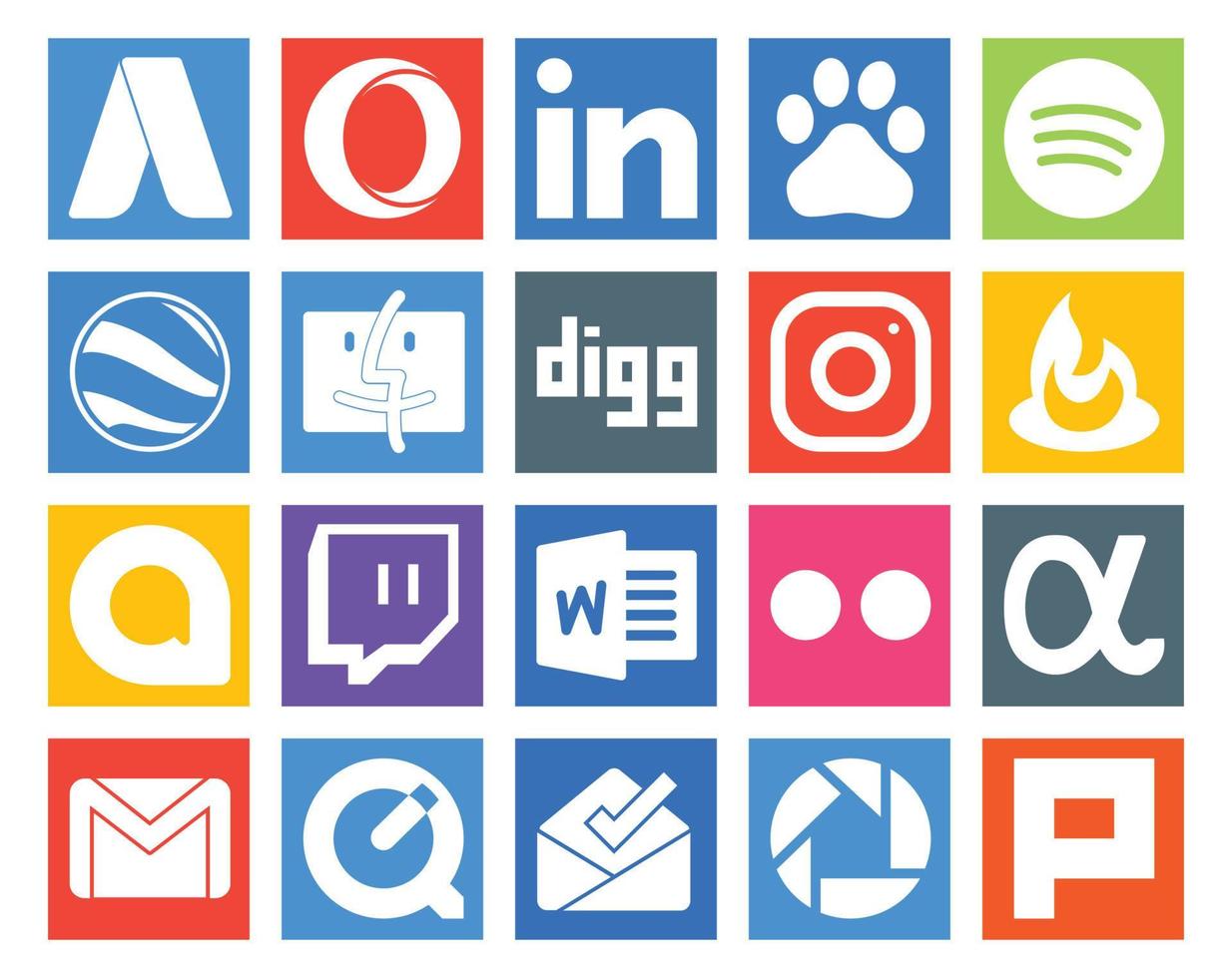 paquete de 20 íconos de redes sociales que incluye la palabra neta de la aplicación de instagram de correo gmail vector
