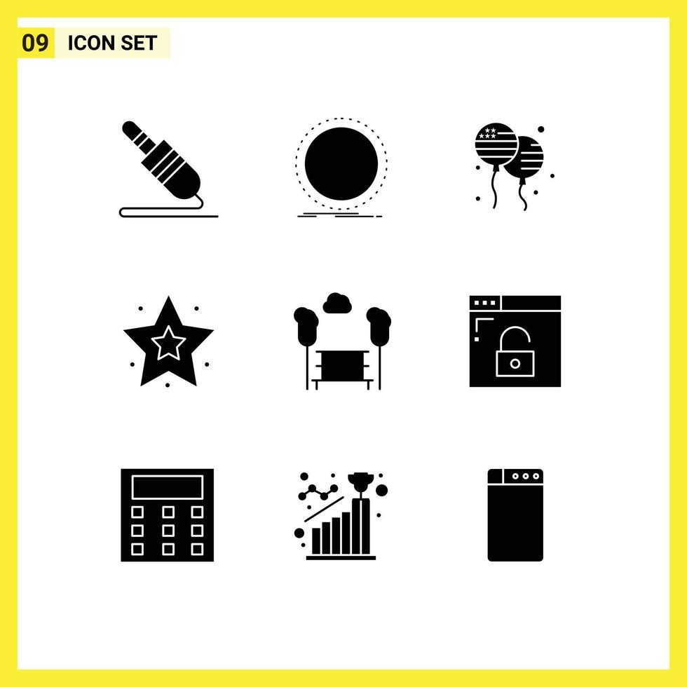 Pack of 9 creative Solid Glyphs of bench star vinyl interface american Editable Vector Design Elements