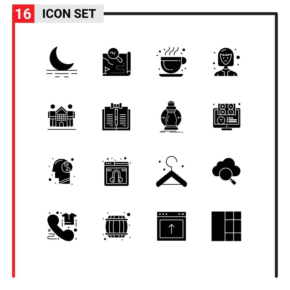 16 User Interface Solid Glyph Pack of modern Signs and Symbols of home friendly cafe culture female student Editable Vector Design Elements