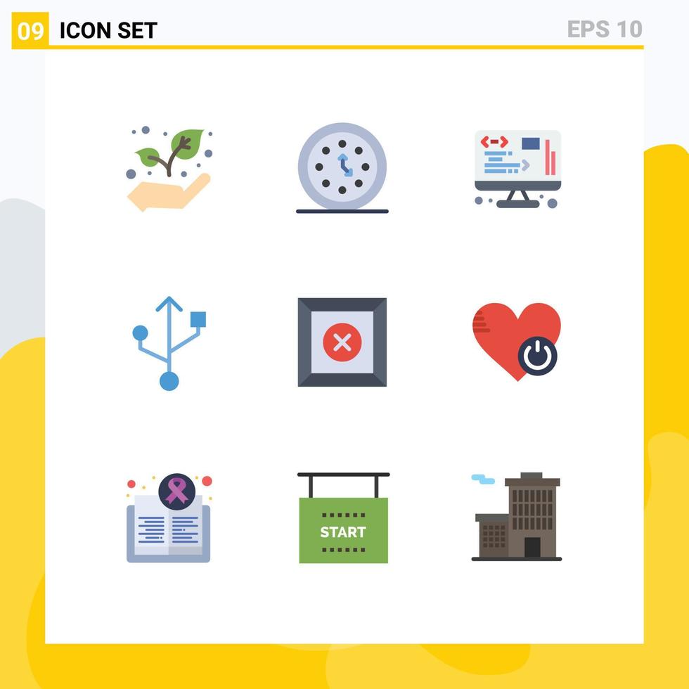 Set of 9 Vector Flat Colors on Grid for shutdown delete data box connection Editable Vector Design Elements