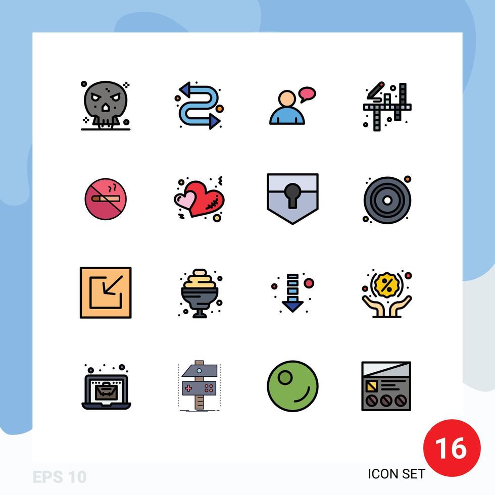 Pack of 16 Modern Flat Color Filled Lines Signs and Symbols for Web Print Media such as health no smoking chatting smoking hobbies Editable Creative Vector Design Elements