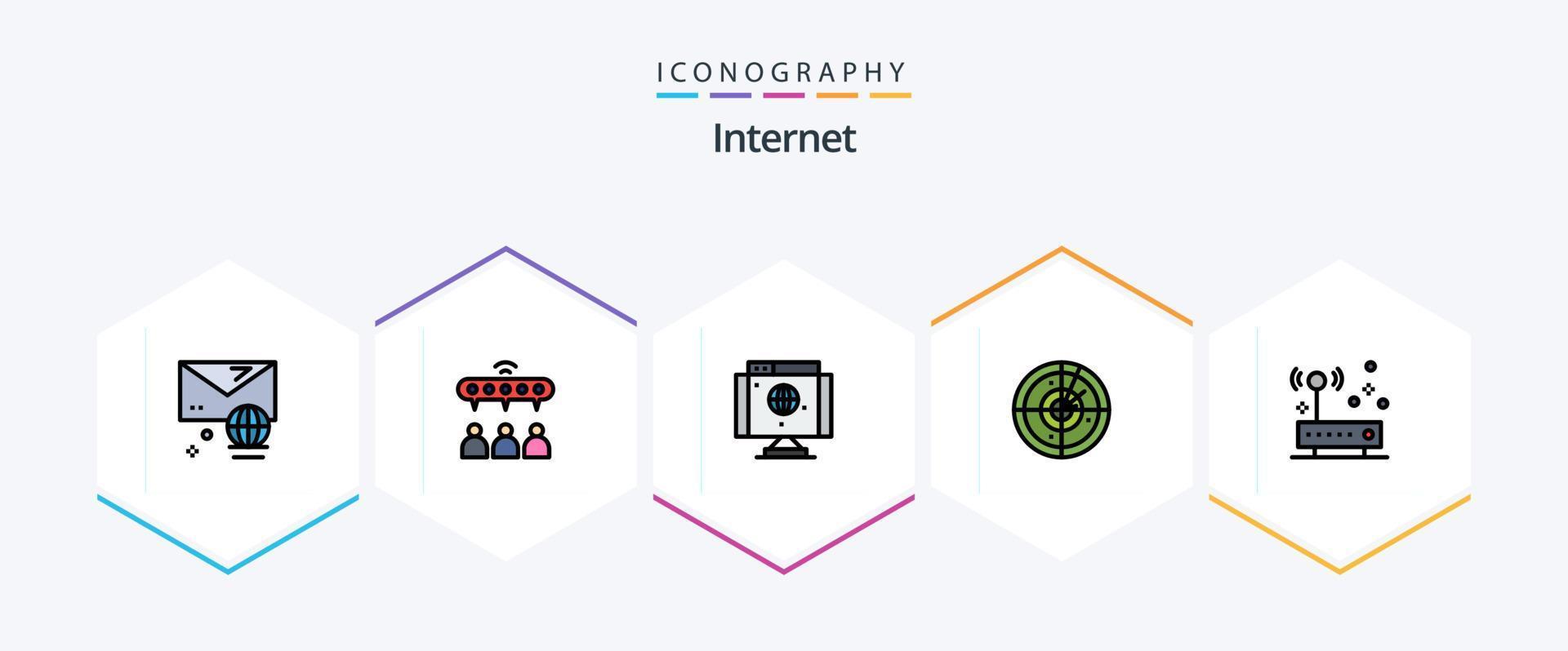 Paquete de íconos de 25 líneas completas de Internet que incluye hardware. tecnología. computadora. señalización. área vector