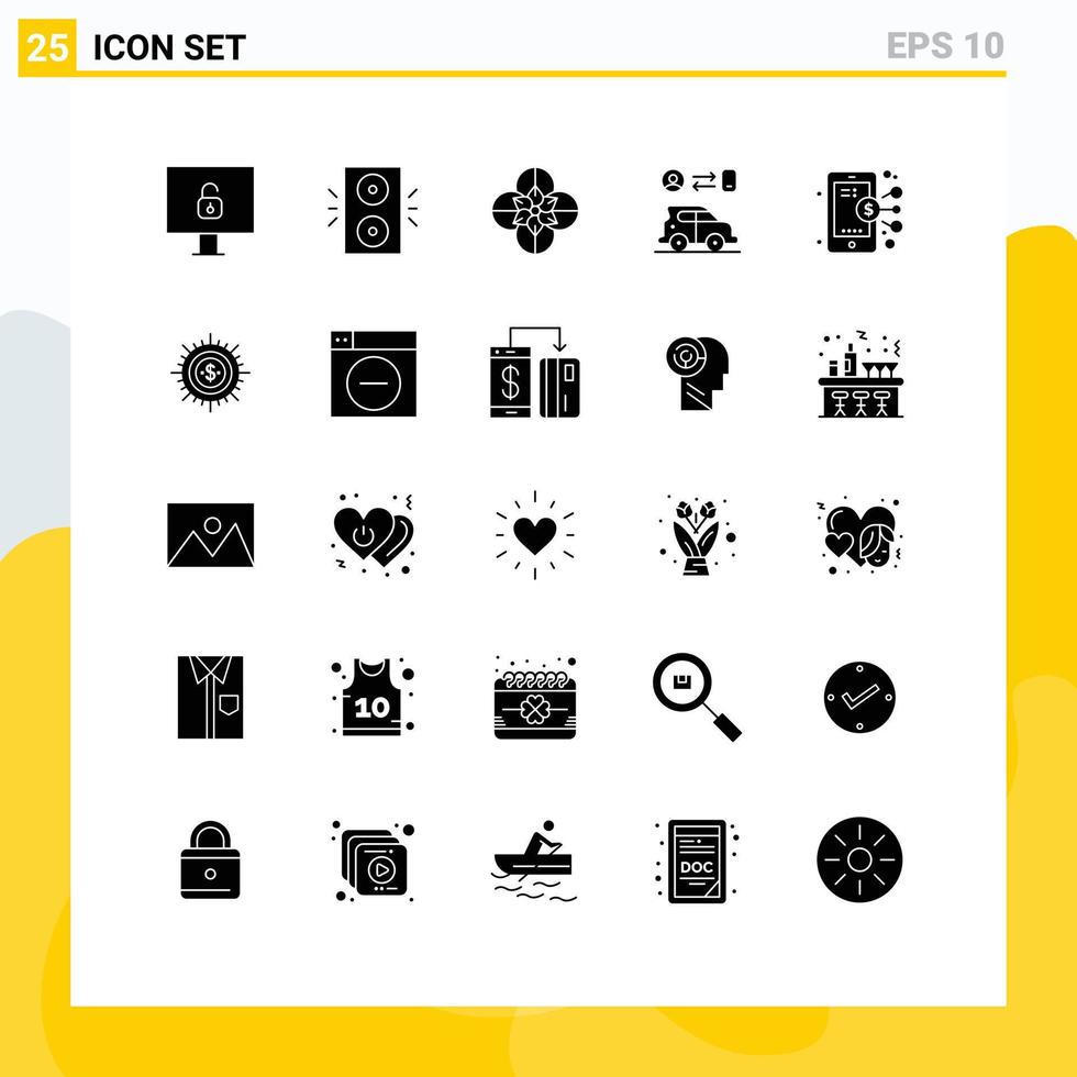 Set of 25 Vector Solid Glyphs on Grid for smartphone digital anemone flower technology transport Editable Vector Design Elements