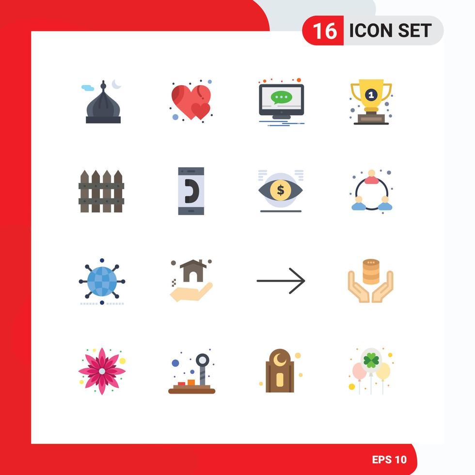16 símbolos universales de signos de color plano del paquete editable de pantalla de copa de chat de ganador de granja de elementos creativos de diseño de vectores