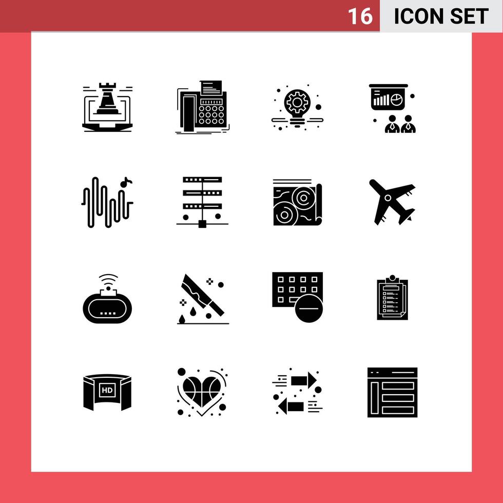 Set of 16 Commercial Solid Glyphs pack for music training telefax presentation solution Editable Vector Design Elements