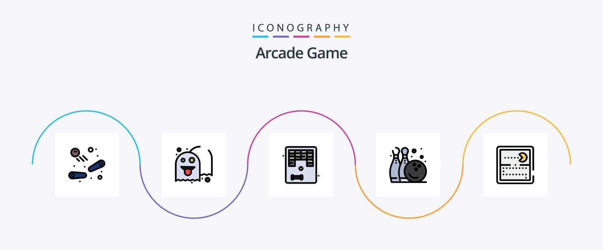 Arcade Line Filled Flat 5 Icon Pack Including games. play. arkanoid. game. bowling pine vector