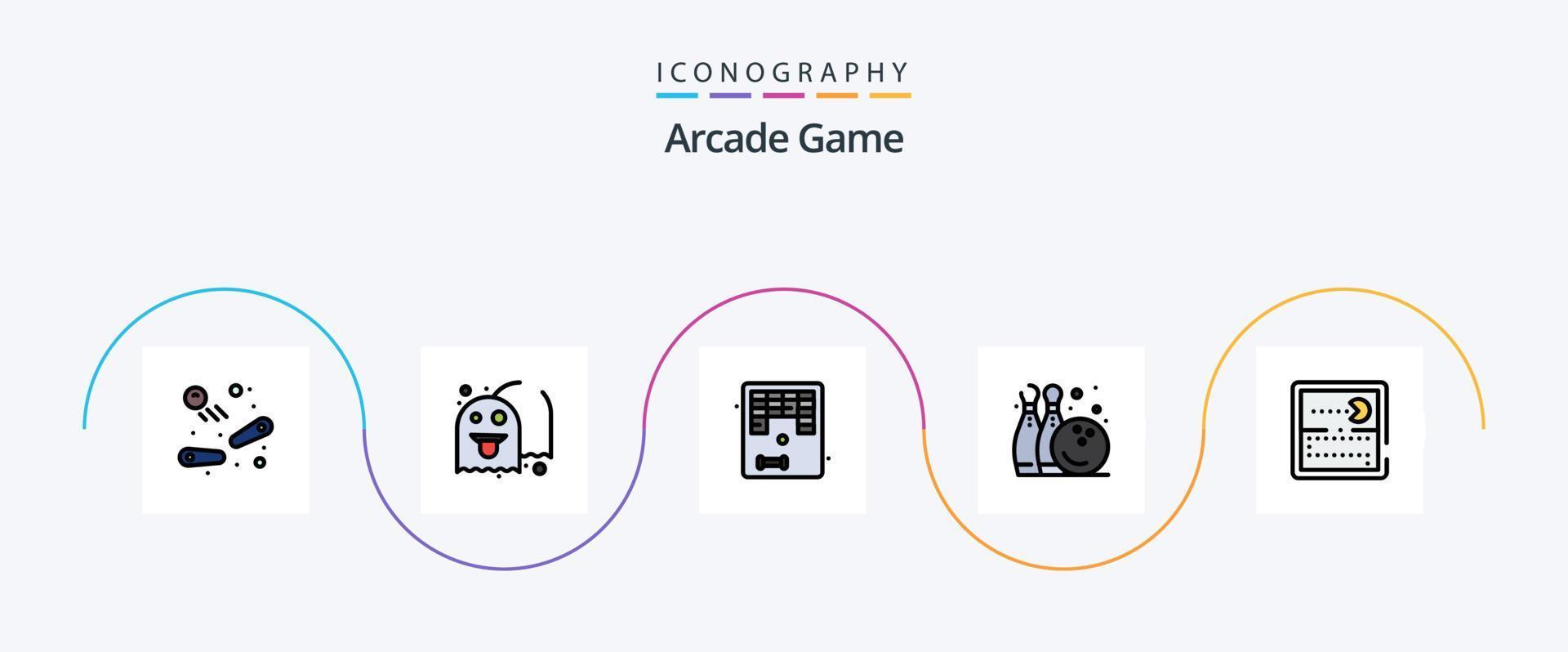 paquete de iconos de 5 planos llenos de línea arcade que incluye juegos. jugar. arcanoide. juego. pino bolos vector