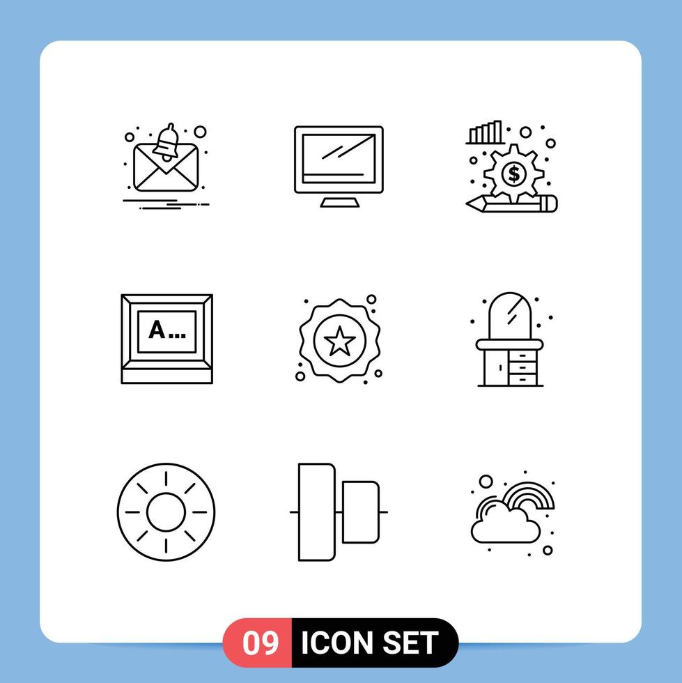 9 Universal Outlines Set for Web and Mobile Applications label monitor analysis process text screen Editable Vector Design Elements