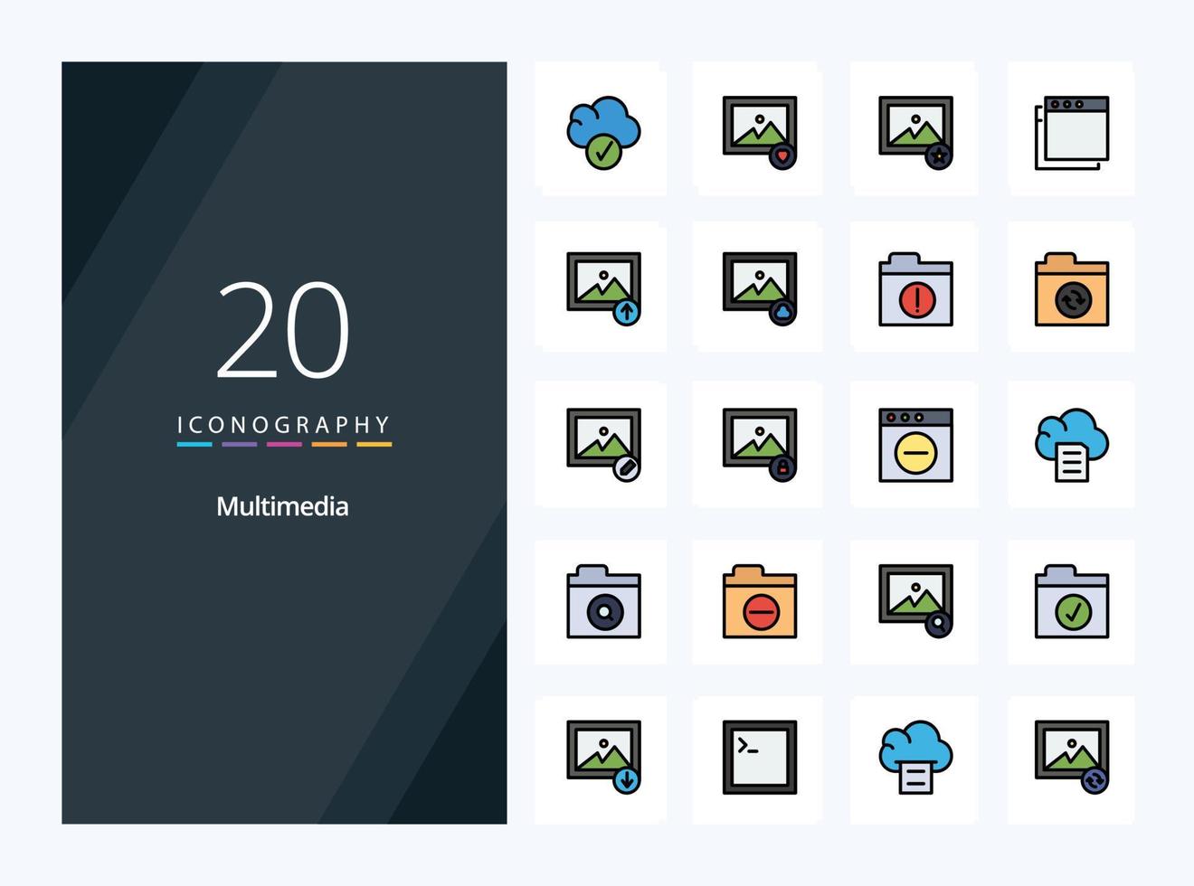 20 Multimedia line Filled icon for presentation vector