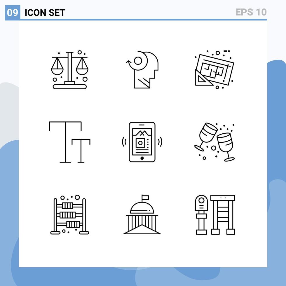 Group of 9 Outlines Signs and Symbols for app text blueprint caps plan Editable Vector Design Elements