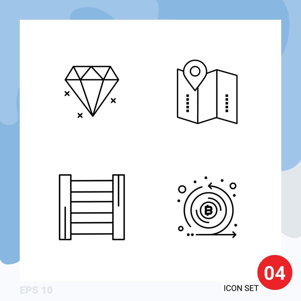 Mobile Interface Line Set of 4 Pictograms of diamond coin location construction cryptocurrency Editable Vector Design Elements