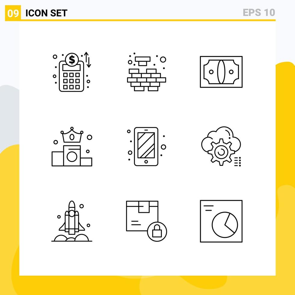 Modern Set of 9 Outlines Pictograph of access phone cash position crown Editable Vector Design Elements
