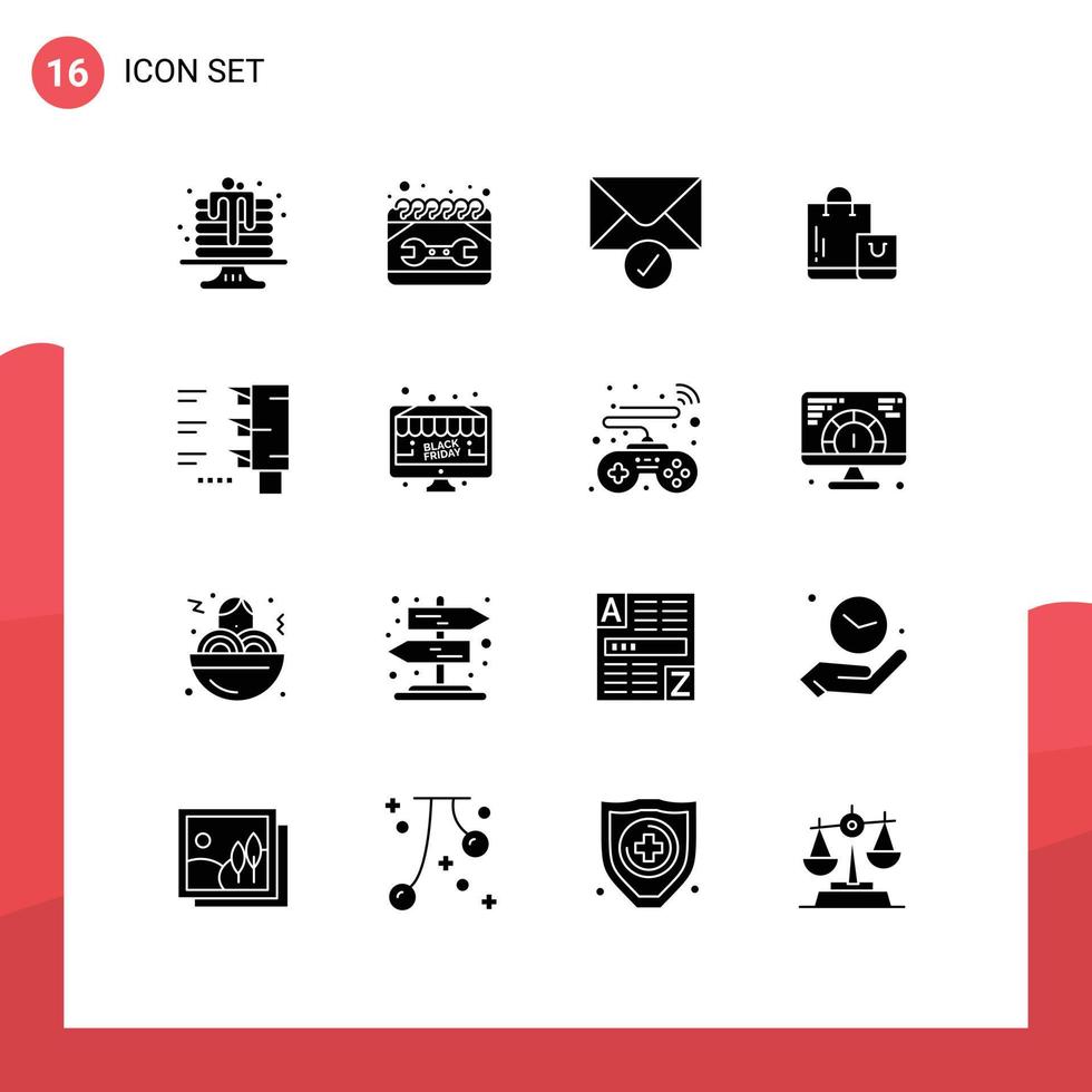 Modern Set of 16 Solid Glyphs and symbols such as traffic light shop spanner market bag Editable Vector Design Elements