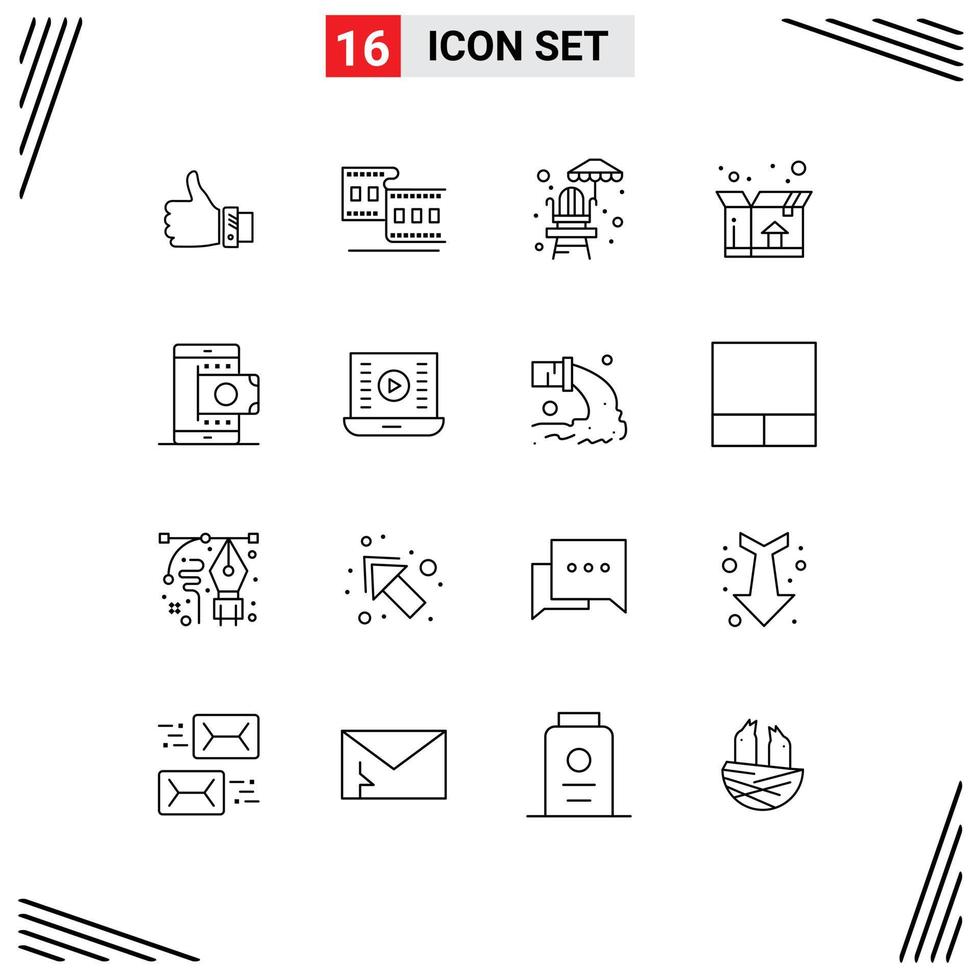 Mobile Interface Outline Set of 16 Pictograms of online shipping film delivery park Editable Vector Design Elements