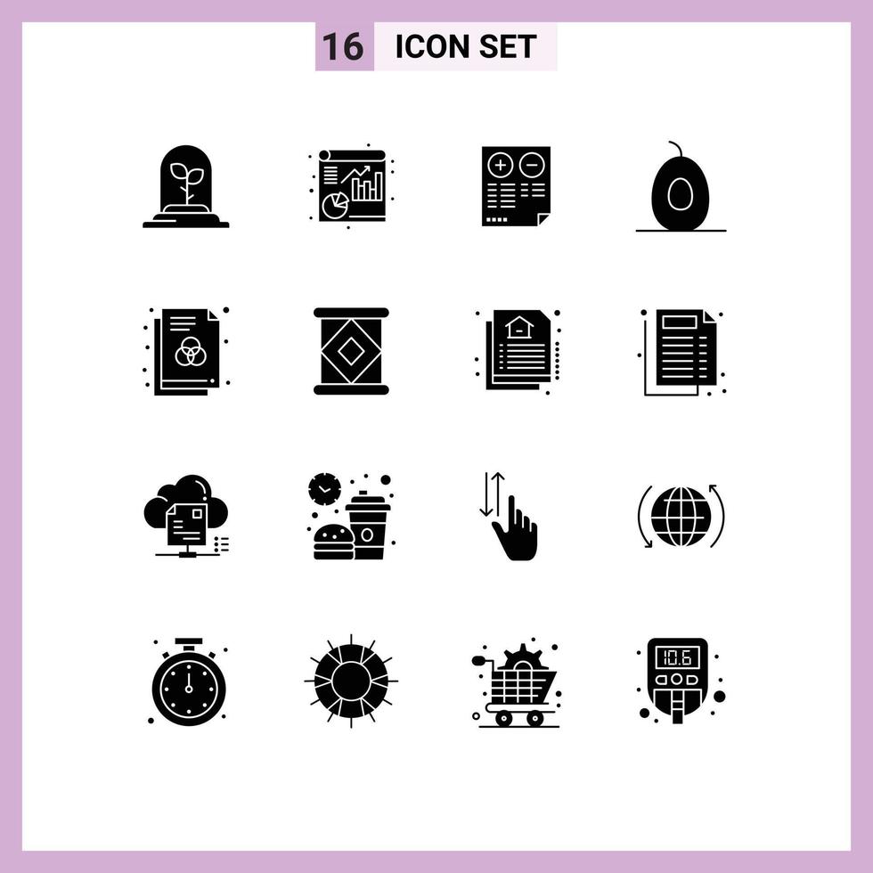 Pack of 16 Modern Solid Glyphs Signs and Symbols for Web Print Media such as color format document file food Editable Vector Design Elements