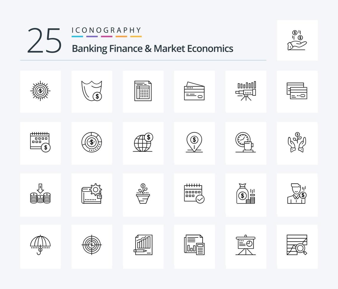 paquete de iconos de 25 líneas de finanzas bancarias y economía de mercado que incluye formulario. documento. guardia. factura. dólar vector