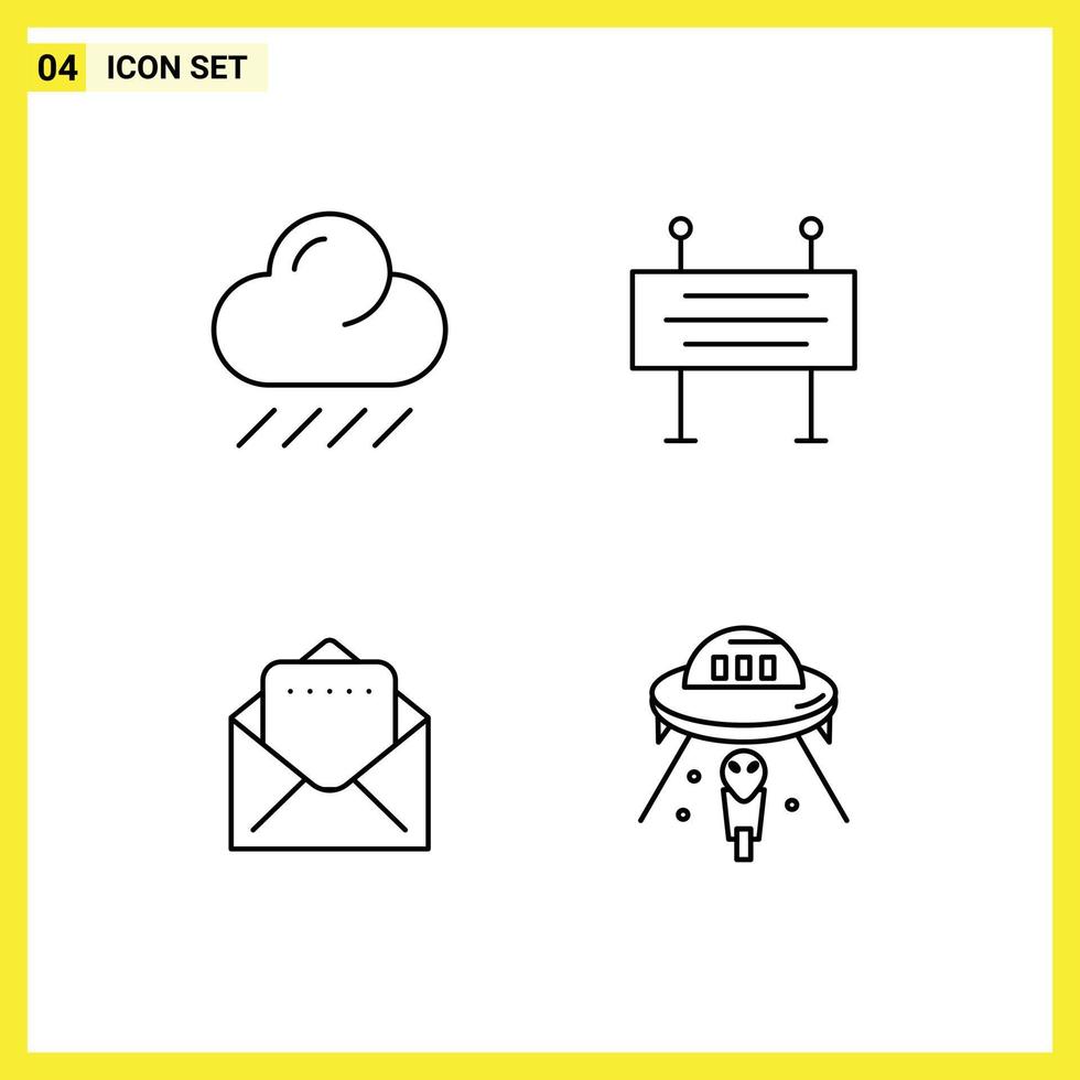 Pack of 4 Modern Filledline Flat Colors Signs and Symbols for Web Print Media such as cloud alien construction banner under construction barrier ufo Editable Vector Design Elements