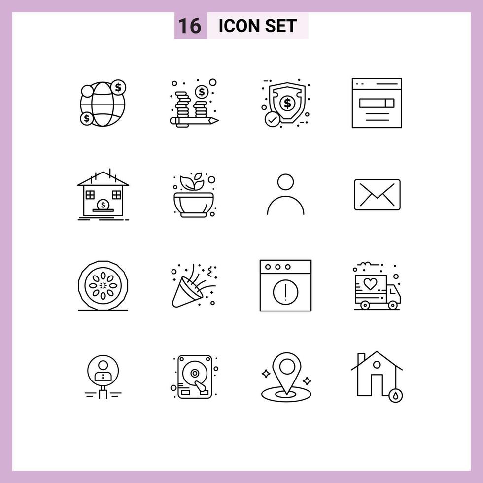 Pack of 16 Modern Outlines Signs and Symbols for Web Print Media such as safe user ecommerce search engine Editable Vector Design Elements