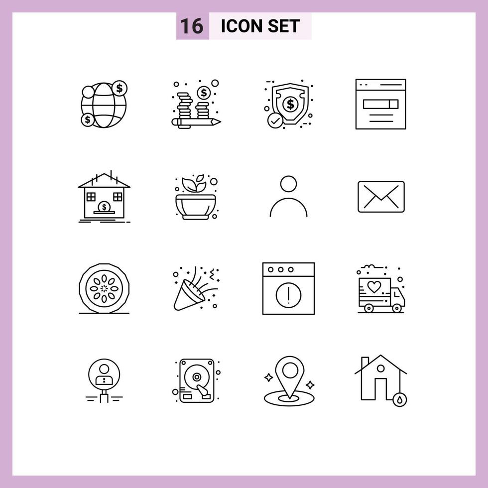 paquete de 16 signos y símbolos de esquemas modernos para medios de impresión web, como elementos de diseño de vectores editables de motor de búsqueda de comercio electrónico de usuario seguro