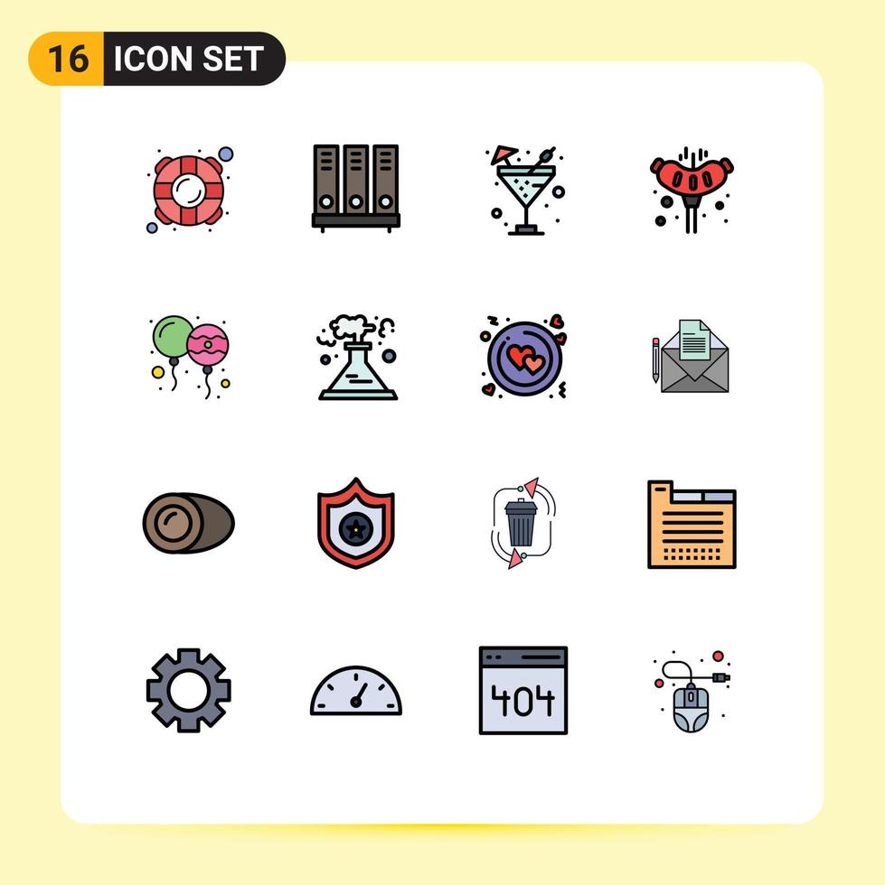 Set of 16 Commercial Flat Color Filled Lines pack for balloon sausage file pork water Editable Creative Vector Design Elements