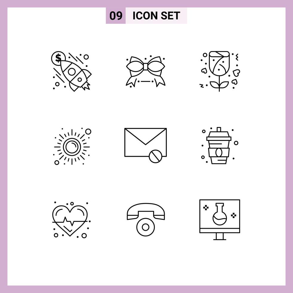 Pictogram Set of 9 Simple Outlines of mail yoga gift sun health Editable Vector Design Elements