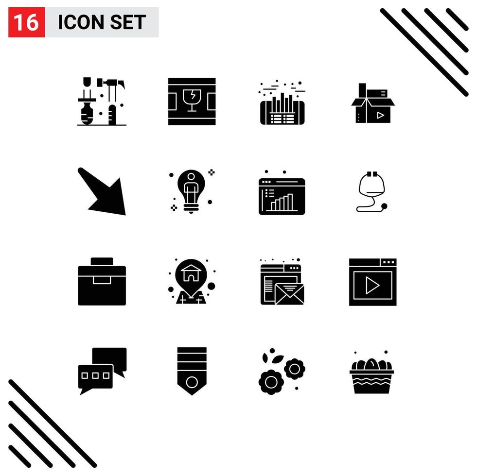 Modern Set of 16 Solid Glyphs and symbols such as arrow media finance digital content Editable Vector Design Elements