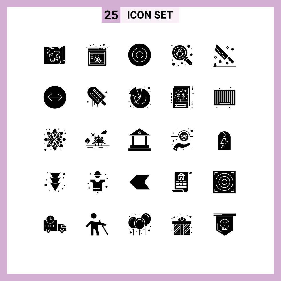 25 Universal Solid Glyph Signs Symbols of halloween security gold search bug Editable Vector Design Elements