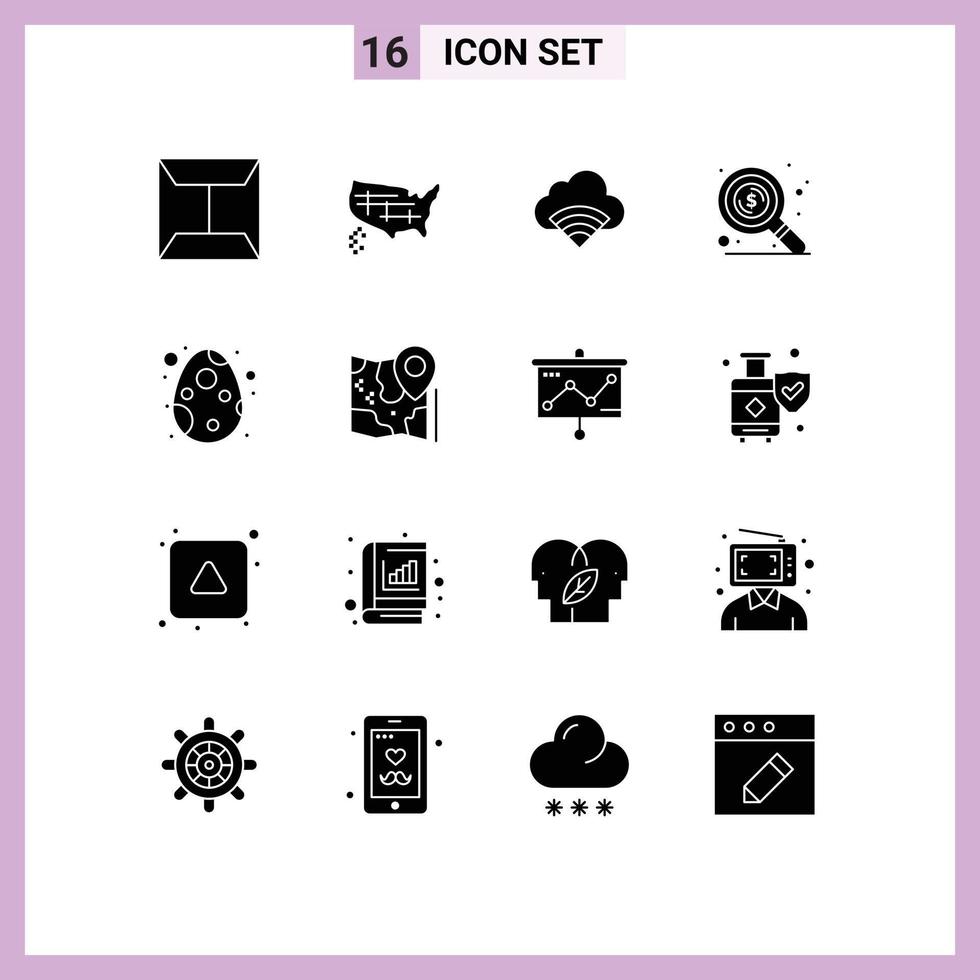 Pack of 16 Modern Solid Glyphs Signs and Symbols for Web Print Media such as celebration easter connection decoration money Editable Vector Design Elements
