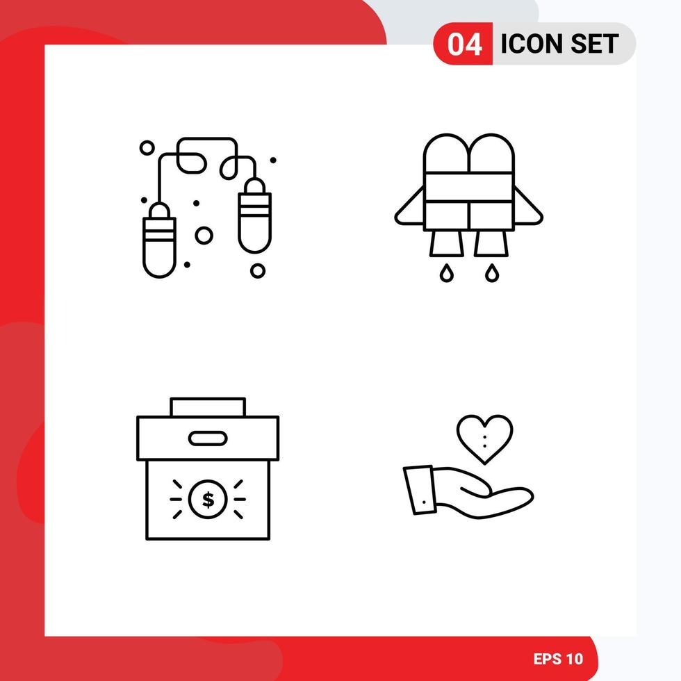 Pack of 4 creative Filledline Flat Colors of exercise investment jet business donation Editable Vector Design Elements