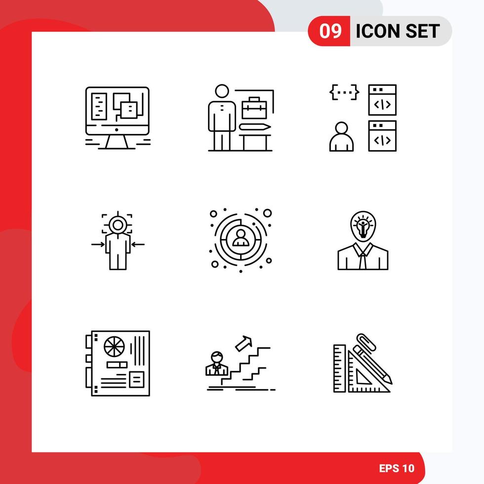 9 User Interface Outline Pack of modern Signs and Symbols of goal target app focus development Editable Vector Design Elements