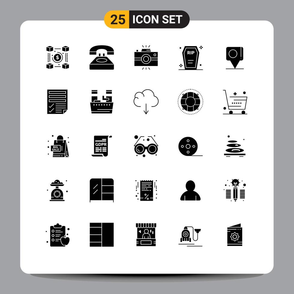 25 Universal Solid Glyph Signs Symbols of death casket contact us vintage camera photography Editable Vector Design Elements