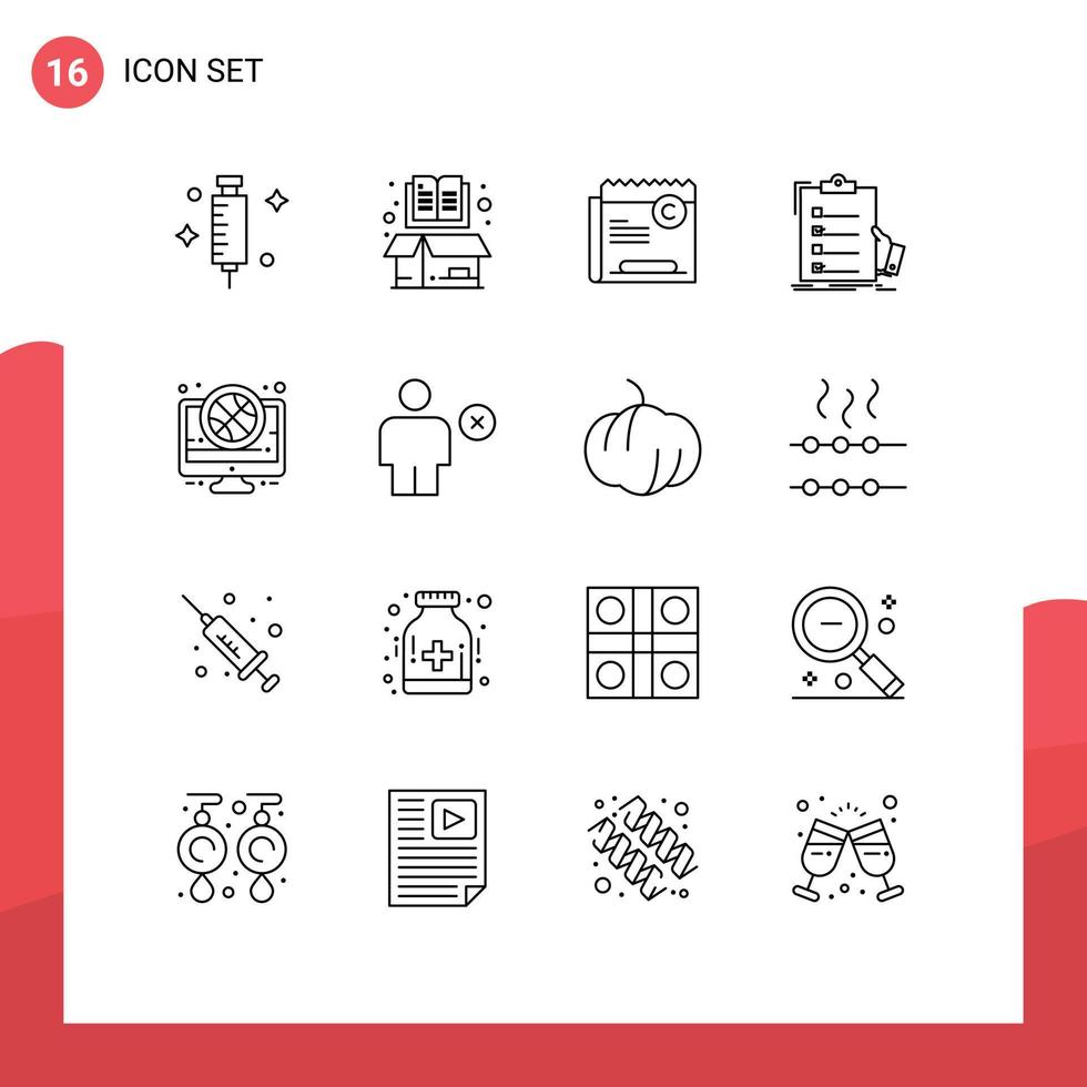 Group of 16 Outlines Signs and Symbols for list check open checklist right Editable Vector Design Elements