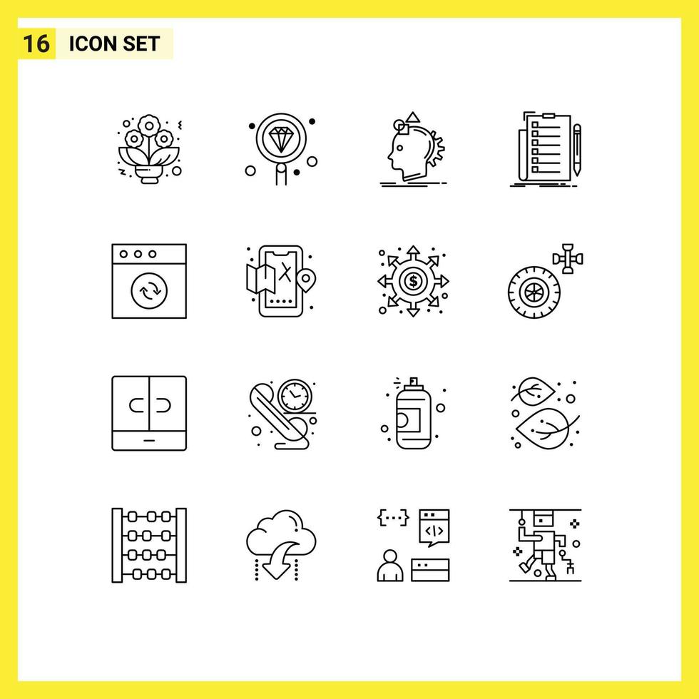 Universal Icon Symbols Group of 16 Modern Outlines of document check imagination checklist process Editable Vector Design Elements
